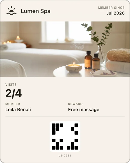 Lumen Spa's loyalty pass in Apple Wallet